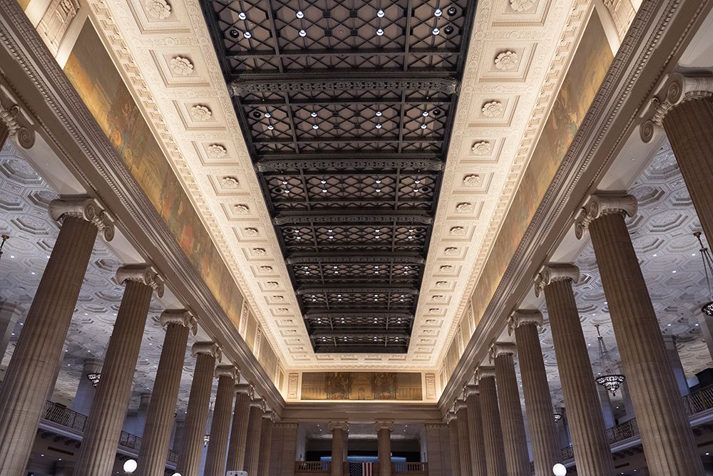 Columns and ceiling of Wintrust Grand Banking Hall on LaSalle Street in Chicagos Loop.